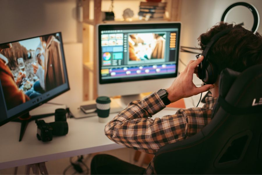 Man remote working editing 