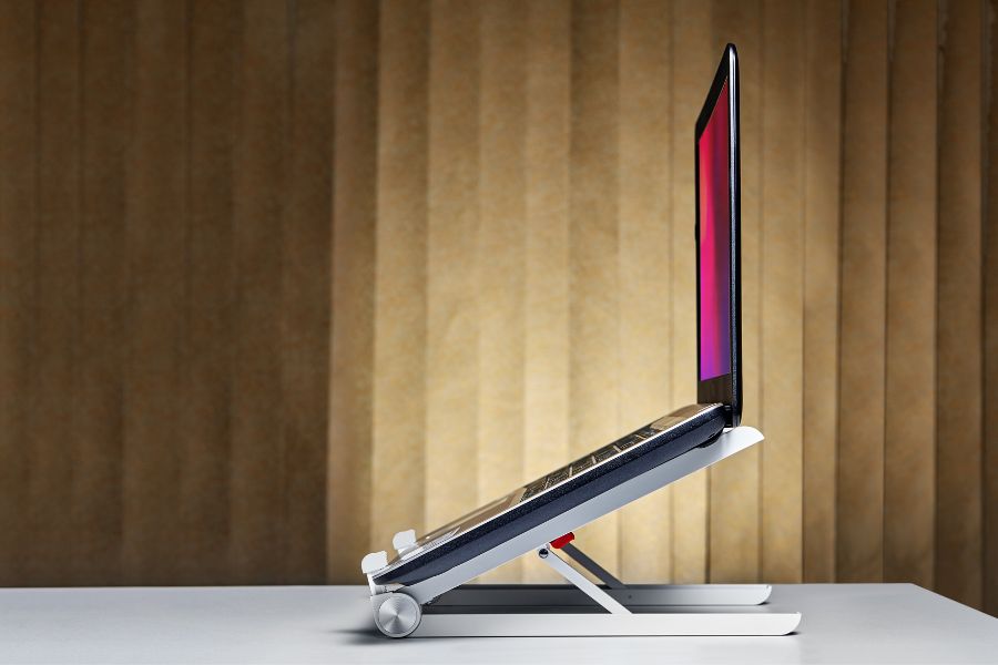 A laptop on a stand